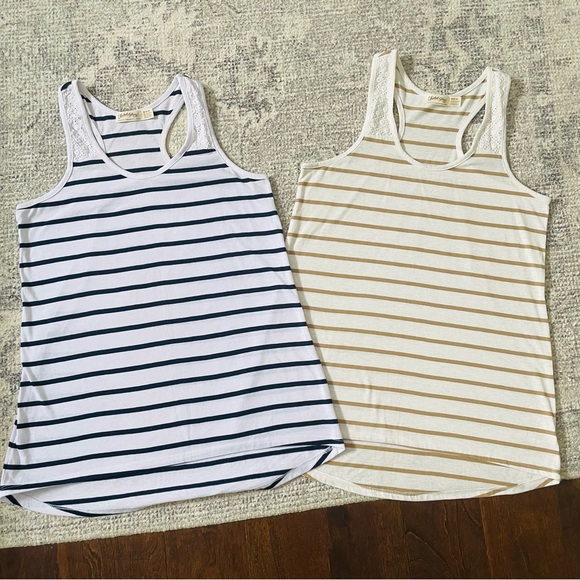 Two set bundle lot 2 striped tank tops tan cream white dark navy blue eyelet - Picture 1 of 8